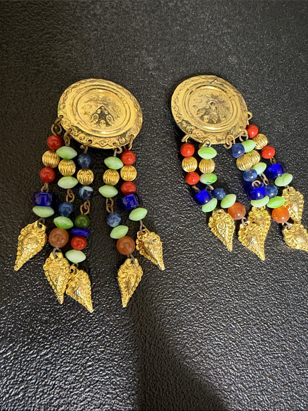 Vintage Gold-Tone Stone Bead Drop Clip On Earrings Green, Blue & Red Accents